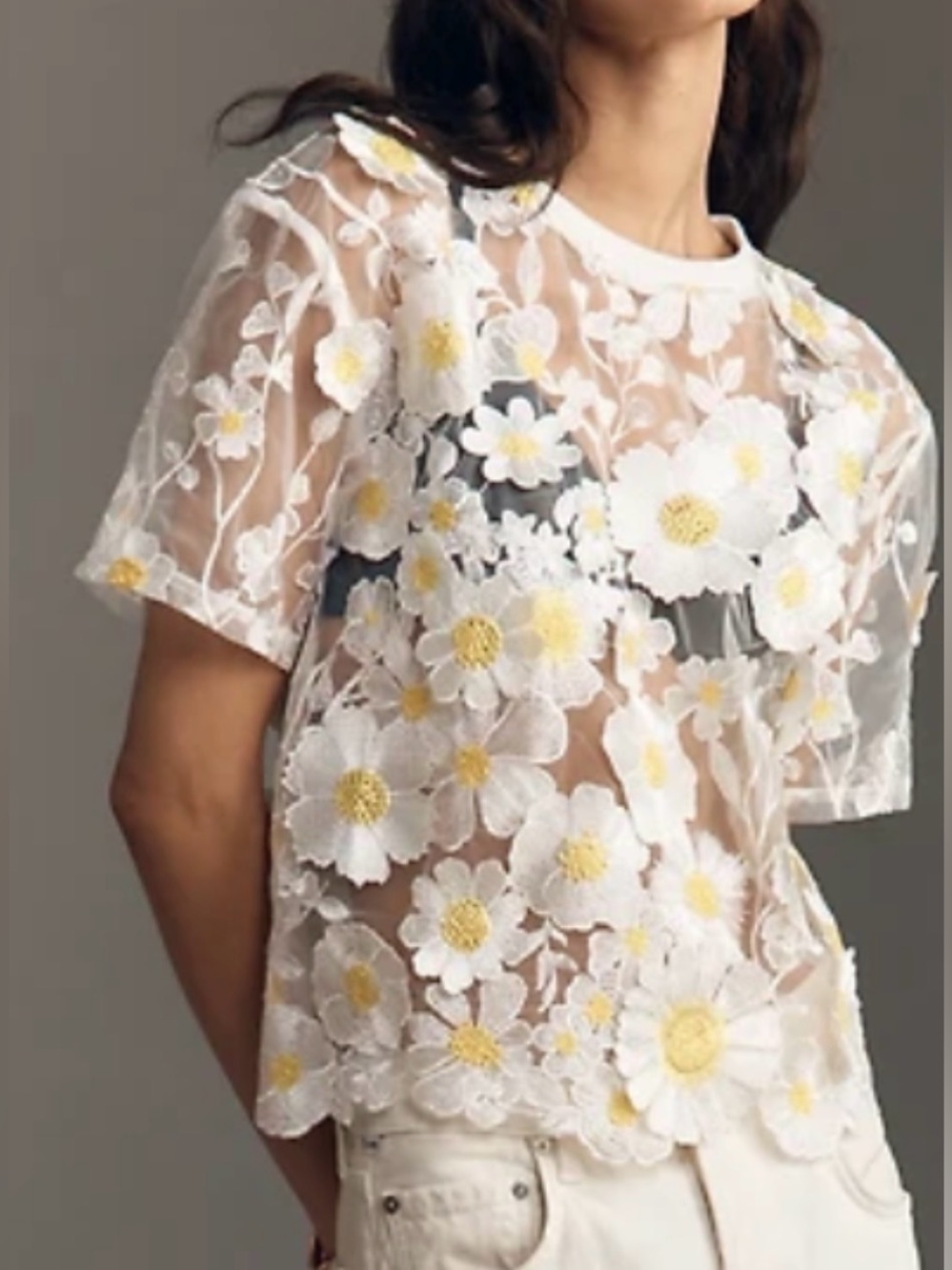 Anthropologie Dolman Left Coast Sheer Flower Appliqué tee 🌼 - Picture 3 of 8
